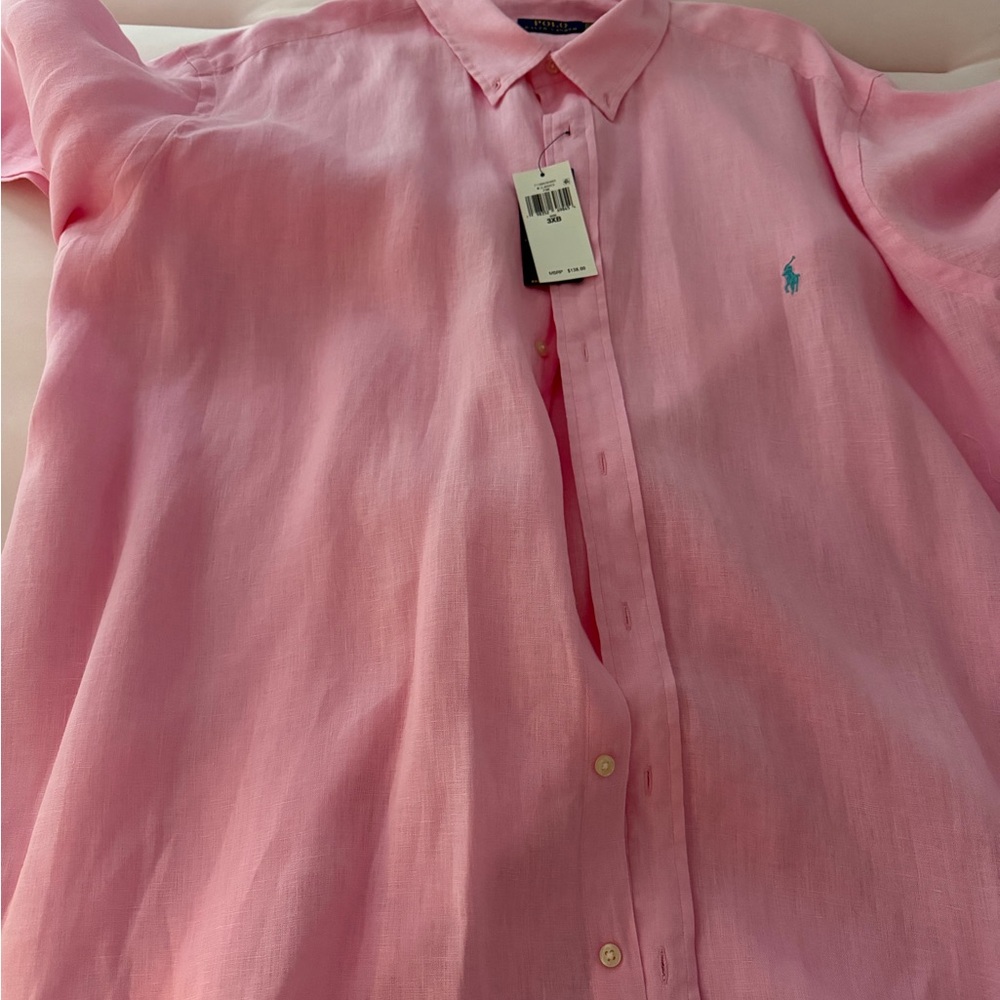Ralph Lauren Pink Linen Button-Down Shirt with Teal Pony